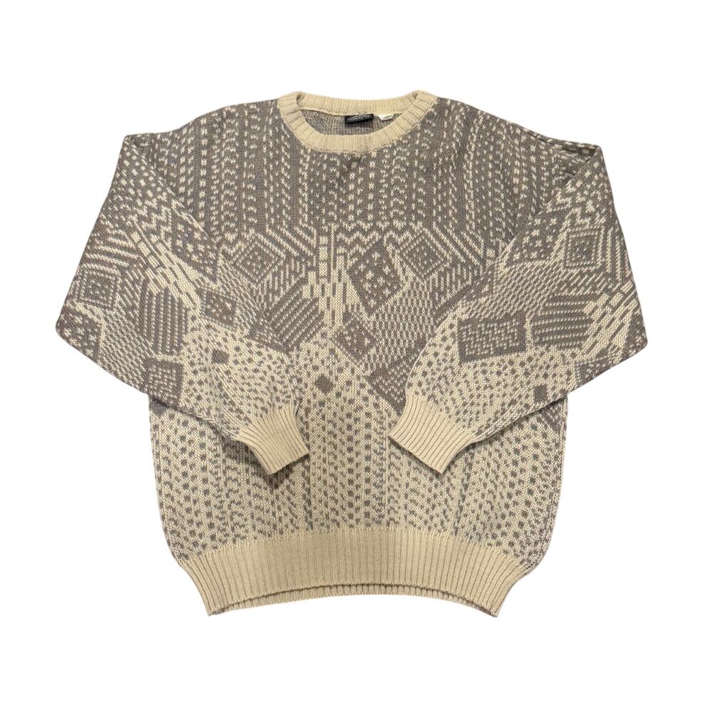 Vintage Kennington Men Large Wool Blend Geometric Fair Isle Knit Sweater Beige